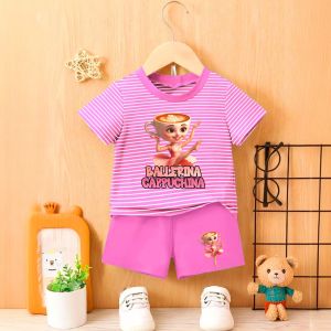 Setelan Baju Kaos Kombinasi Salur untuk anak perempuan Motif BALLERINA CAPPUCHINA Viral Usia 1-8 Thn