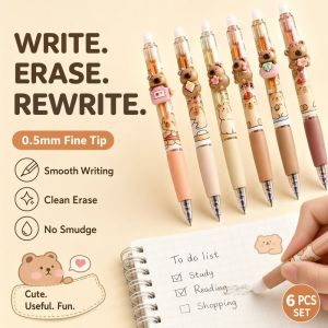 Vixplorn 4/6PCS Erasable Pen Set School Supplies for Student Capybara Ballpoint Pen 0.5mm Quick Dry Blue