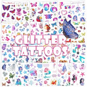 Konsait Glitter Temporary Tattoos for Kids 24 Sheets Butterfly Mermaid Fairy Flowers Tattoo Stickers Waterproof Fake Tattoos for Birthday Favors Goodie Bags Stuffers & Party Accesorries