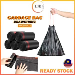 ☀️Life Core☀️ Drawstring Plastic Garbage Bag 45cmx45cm15pcs/Roll Garbage Bag With Automatic Closing Rope Plastik Sampah Garbage Plastic Bag 45X45cm Pe Extra Thick Type Drawstring Home Trash Bags Plastik Tong Sampah Bertali Tambah Tebal