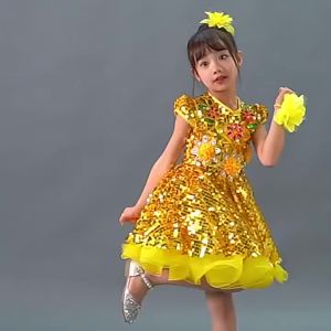 kid Stage Wear Yellow Sequined Girls Stage Dress Jazz Dance Modern Dance Costume Ballet Princess Skirt Performance Clothes2026
