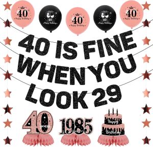 40th Birthday Decorations Women Rose Gold 40 Is Fine When You Look 29 Banner Balloons Honeycomb Centerpieces Kit Pink 40th Birthday Party Supplies for Her 1985 Photo Backdrop Background