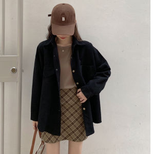 Basic Corduroy Outer Blus Fashion Kemeja Lengan Panjang Longgar Setengah Panjang Gaya Korea Baru