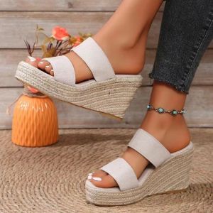 Non-Slip Rope-Soled Wedge-Heeled Strap Sandals Large Size WomenS Waterproof Platform Height-Increasing Thick-Soled Sandals Beach Sandals
