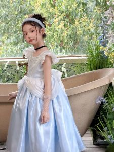 Luxury Girls Light Blue Princess Dress Puff Sleeve Embroidered Satin Ball Gown Kids Birthday Party Wedding Flower Girl Costume