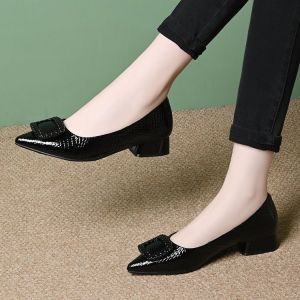 Free Shipping WomenS Chunky-Heeled Shallow-Toe Pumps 2026 Autumn Collection Pointed-Toe Design Square Buckle Soft Leather Soft Sole Low Heel Versatile And Comfortable Suitable For Mothers