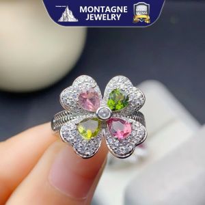 Montagne Jewelry Natural 4x5mm Rainbow Tourmaline Ring for women Four leaf Clover Design Fine Jewellery 925 Silver Ring