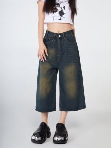S-6XL Celana Pendek Denim Wanita Lurus Longgar Retro Pinggang Tinggi Celana Pendek