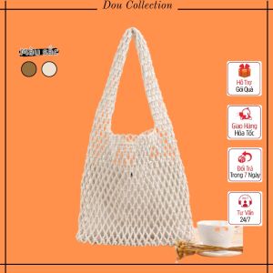Túi cói xách tay đi biển đan lưới có lớp lót da dễ gấp gọn vintage thời trang mùa hè màu nâu trắng - Mã TC004
