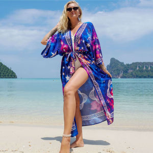 DN0850 Mix Colors Boho Bikini Cover Up Pareo Beach Cardigan Oversize Printing Maxi Dress With Belt Tunic Kaftan Swimwear 2025