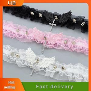 HB Fashion Solid Color Women Girls Necklace Wide Lace Rivets Lolita Lace Choker Y2K Angel Wings Cool Leather Necklace