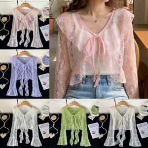 NOER Flared Sleeve Lace Cardigan V-Neck Ruffle Edge Sun Protection Cardigan Korean Fashion Hollow Out Sun-proof Shirt Spring Summer Wear