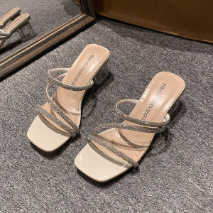 [Free Shipping] High-Heeled Rhinestone Sandals For Women New Summer Styles Transparent Design Available In Large Sizes Up To 42 Crystal Chunky Heel Slippers