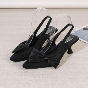 [Free Shipping] Silver Pointed Toe Bow 2025 Summer New Womens Low Heel Slingback Shallow Mouth Sandals Black