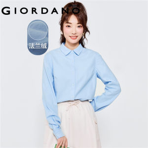GIORDANO Women Shirts 100% Cotton Flannel Long Sleeve Casual Shirts Classic Collar Solid Color Plaid Simple Shirts 13342808