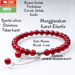 Gelang Tangan Wanita Batu Manau Merah Marun 6 mm Stainless Tahan Karat Kado Hadiah Terbaru
