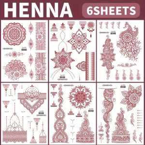 ZEEMIN Christmas 6 Sheets Red Henna Temporary Tattoo Stickers Maroon Mehndi Design Waterproof Fake Tattoos for Women Hands Finger Tattoo Body Art