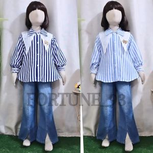 Stelan jins anak  perempuan import korean style kekinian celana cutbray usia 3 - 12 tahun Atasan Kemeja Salur Mix Brokat  set anak jumbo oversize crop top set kuromi anak perempuan - COD