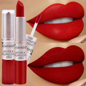 HBESTY 1Pc Long Lasting Velvet Matte Lipstick Double Head Lip Gloss Non-stick Cup Lip Gloss Waterproof 2 in 1 Matte Red Lipstick Makeup