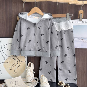 Bear Leader Korean Version Bow Print Zipper Sweatshirt Tops + Lace Patchwork Pants Two-piece Set Casual Sports Girls Clothes