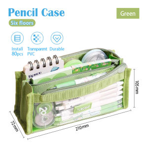 Transparent Pencil Bag Large Capacity Double Layer PVC Pen Holder Bag 6 Layers Pencil Bag Fashion Solid Color Student Stationery Storage Bag