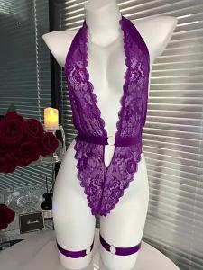 Đồ Lót Gợi Cảm Tím Sâu V Chia Ren Dây Cổ Áo liền quần Quai Lưng Bộ Đồ Ngủ