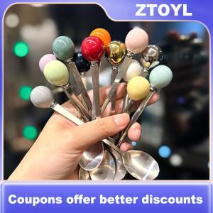 【ZTOYL】 Stainless Steel Spoon Cute Ball Coffee Spoon Ice Cream Dessert Tea Stirring Spoon For Picnic Kitchen Accessories
