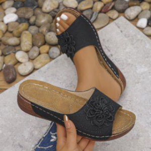 [Free Shipping] 2026 Thick-Soled Wedge Heel Flower One-Line Fish Mouth Slippers For Outdoor Wear Plus Size WomenS Shoes