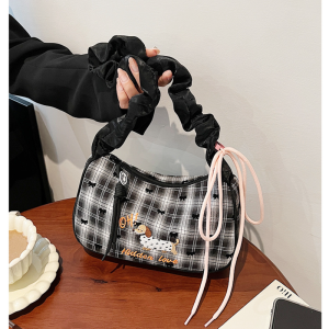 JIVIVIL กระเป๋าสะพายลายสก็อตลายจุดสด ปักลายสุนัขดัชชุนด์ กระเป๋าจีบแฟชั่นสไตล์หวาน กระเป๋าถือ สายสะพายไหล่ปรับได้
