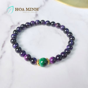 Vòng tay phong thủy đá Mắt Hổ tím size 6 li phối viên đá mắt hổ xanh lá ốp hoa xi vàng | Hoa Minh Gem