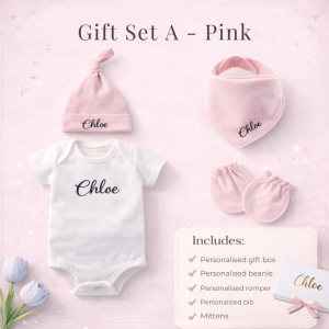 Customised 100% Cotton Premium Baby Shower New Born Gift Set Baby Romper Pants Mitten Beanie Bib Long Sleeve Romper with name Cutomised Gift Present