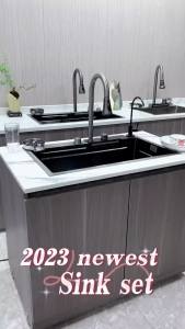 IGDL Dapur pintar tenggelam keluli tahan karat Nano langkah gelap kelabu sink dapur 32 inci pelbagai fungsi led air terjun dapur sink set dengan mesin basuh cawan