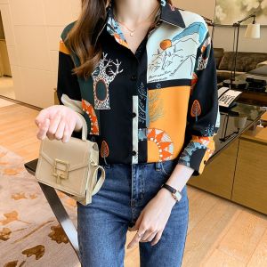 Tianshun Chiffon Top Korean Fashion Printed Long Sleeve Shirt Womens Summer OL Work Casual Shirt