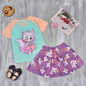 (20-48kg) sét váy coton H&M áo tay ngắn + chân váy kèm quần bên trong bé gái size đại thun coton 4 chiều VNXK