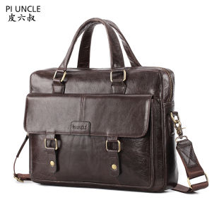 Piuncle Brand Genuine Leather Men Briefcase Documents Big Bags Male Crossbody Laptop Business Bag Cowhide Leather 14 Inch Computer Shoulder Messenger Bags For Men Large Capacity Leisure Backpack Handbags Office Bags For Work Brown Soft Vintage leather