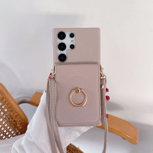 For Samsung Galaxy S24 Ultra S23 Ultra S22 Plus A13 A22 A33 A53 A54 A14 A24 A34 Case Leather Flip Card Holder Wallet Ring Bracket Phone Case Mirror Makeup Cosmetic Pocket Cover Luxury Soft Silicone Lanyard Strap Chain Crossbody Slim Cover