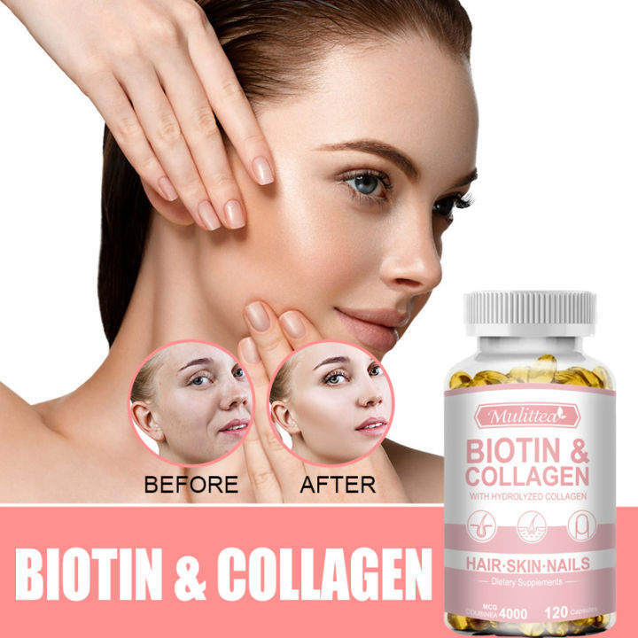 Mulittea Biotin with Collagen Supplement Anti Aging Formula Strong Nails Shiny Hair Glowing Smooth Skin 120pcs Biotin dengan Kapsul Suplemen Kolagen Formula Anti Penuaan Kuku Kuat Rambut Berkilau Kulit Halus Bersinar