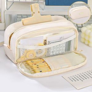 JUTBONG Double Layered Pencil Case Large Capacity Stationery Organizer Pen Bag Multi-function Solid Color Pencil Box Student Gift