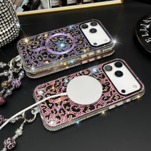 Glitter Wireless Charging Magnetic Case for iPhone 17 Pro Max 16 15 14 Leopard Pattern Bling Hard Phone Cover Funda Lanyard