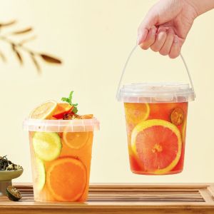 RUMI 10pcs 500/750/1000ml Milk Tea Bucket with Lid Food Grade Plastic Food Storage Jar Bar Tool Heat Resistant Ice Cube Bucket Milk Tea Shop