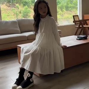 Girls White Dress 2023 Autumn New Long Sleeve Mori Girl Style Splicing Little Fairy Western Style Cake Dress
