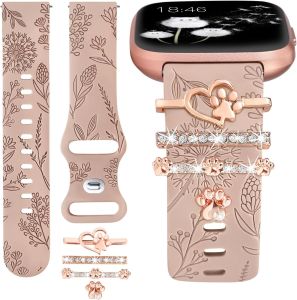 Minyee Floral Engraved Band with Charms Compatible with Fitbit Versa 2/Fitbit Versa/Versa Lite Bands WomenBling Decorative Ring Loop Cute Soft Silicone Flower Fancy Strap for Versa 2 Watch(with Band)