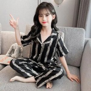 Girls Summer Ice Silk Pajamas Set Short Sleeve Princess Style Cooling Homewear for Kids2026
