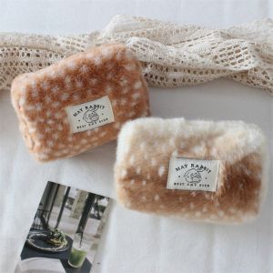 BUENOO Small Makeup Bag Large Capacity Deer Patterned Travel Organizer Plush Lipstick Case For Travel Women