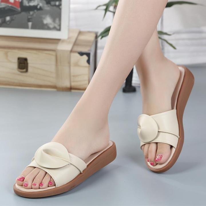 DOSREAL Summer Women Shoes Leather Flat slippers Non-slip Beach Low Heel  Slippers For Women Bohemian Ladies Shoes Peep Toe Slide