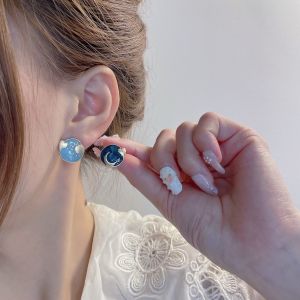[175] S925 silver needle earring Korea Retro Sun Moon Earrings Femininity Asymmetrical Earrings Geometric Round Heart Shaped Earrings