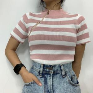 AJWShop [HY HAA] Atasan Wanita Kekinian Korean Style Rajut Lengan Pendek Import Premium Turtleneck Resteling Model Terbaru | Atasan Rajut Wanita Korean Style Turtleneck Salur Import | Baju Wanita Kekinian Atasan Turtleneck Lengan Pendek Import