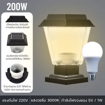 NEOBEE แตกเคลม100% โคมไฟหัวเสาโซล่าเซลล์ LED 2in1 E27ไฟบ้านได้ กันน้ำ JD-ZT 200W