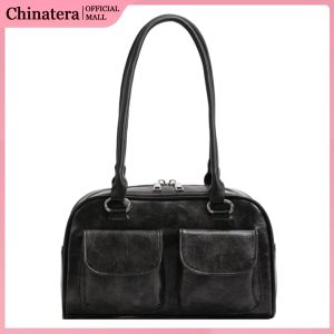 Women Casual Tote Bag Simple PU Leather Design Double Pocket Large Capacity for Daily Use