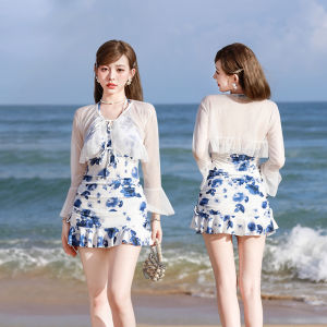 ชุดว่ายน้ำกระโปรง เดรส ผูกคอ ลาย แขนยาวเซ็กซี่ ปรับความยาวได้ทั้งสองด้าน 22010